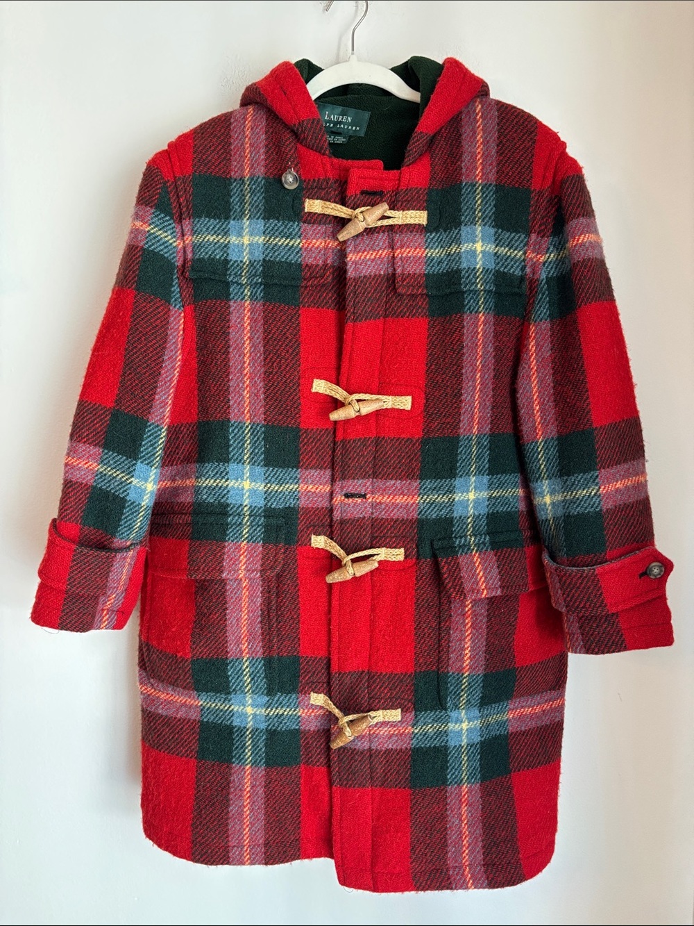 Ralph Lauren Duffle coat vintage Red Plaid Hooded fleece lined 90s medium EUC